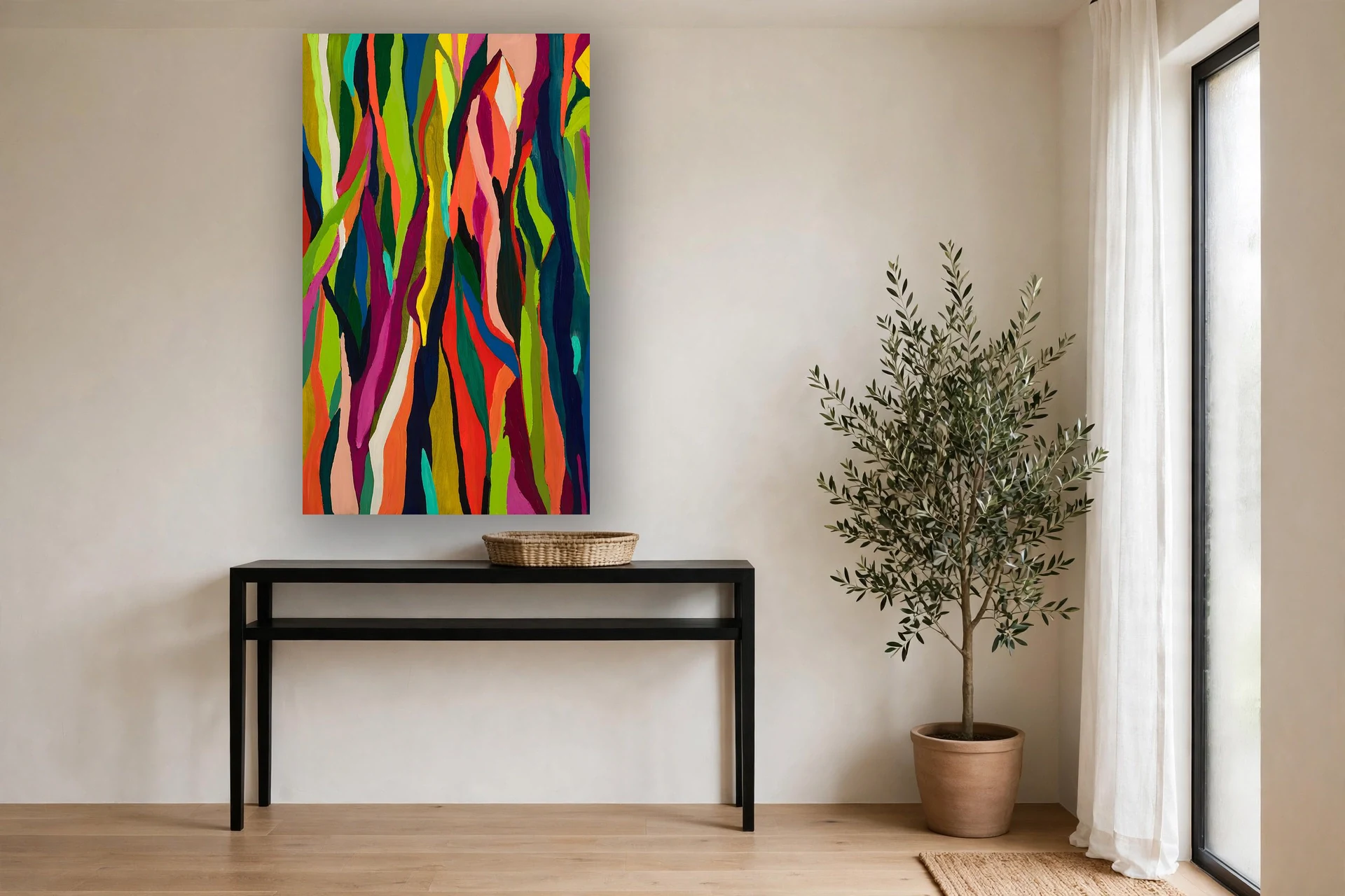 The Eucalyptus Tree, No. 1 by Charlene Falk &mdash; unframed deep birchwood panel hanging in a living room
