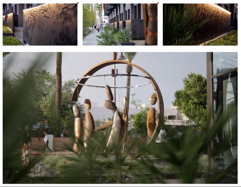 Where We Walk — twelve-foot public sculpture by Charlene Falk, with corten steel panel details